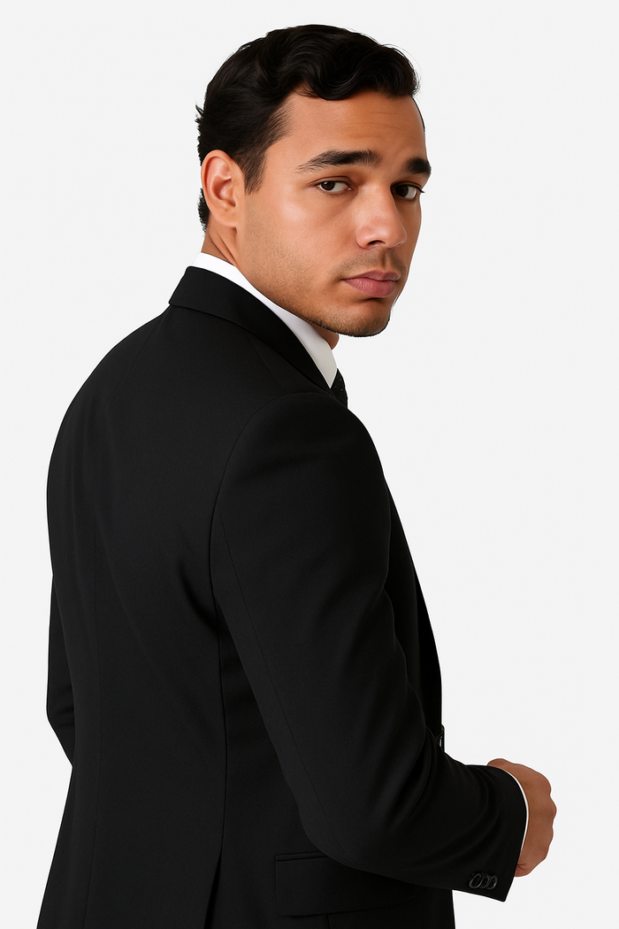Mens 2 Button Slim Fit Wool Suit With Double Breasted Vest in Black