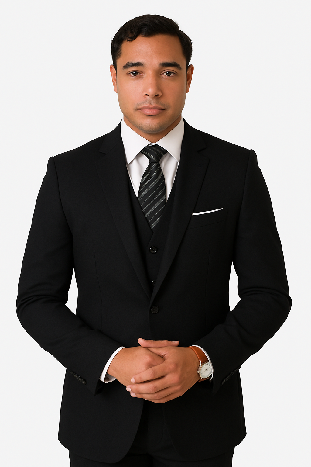 Mens 2 Button Slim Fit Wool Suit With Double Breasted Vest in Black
