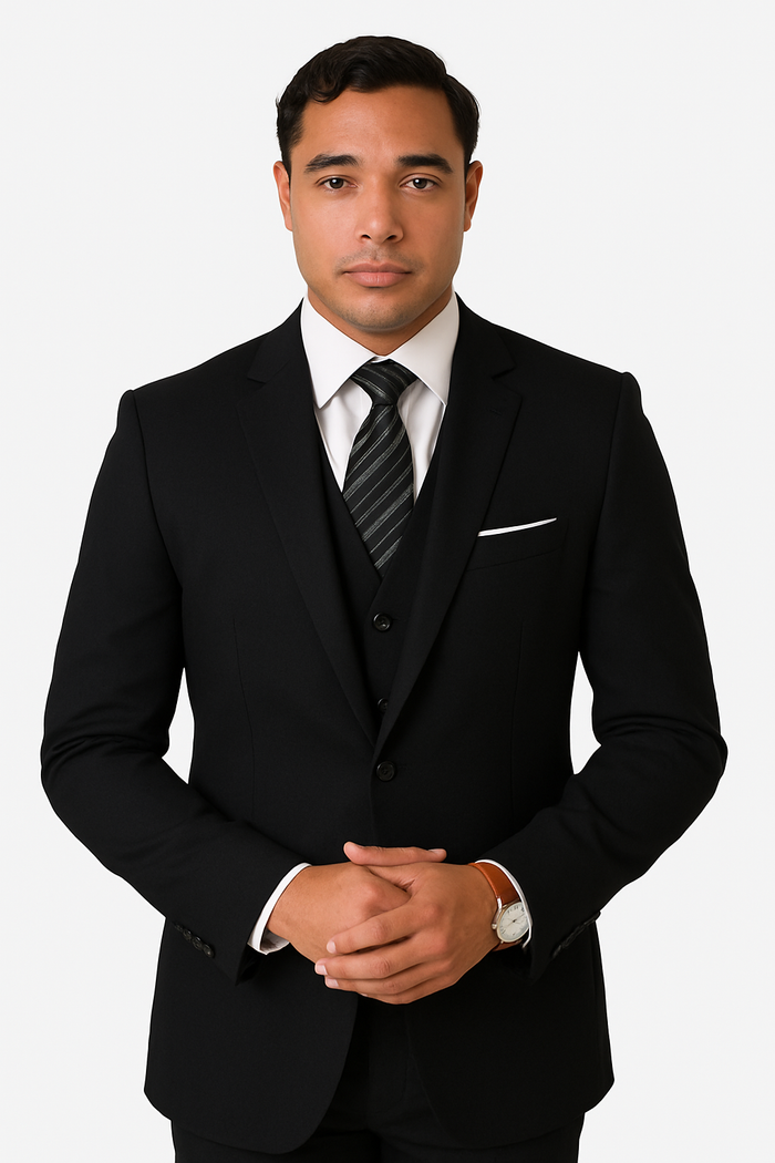 Mens 2 Button Slim Fit Wool Suit With Double Breasted Vest in Black