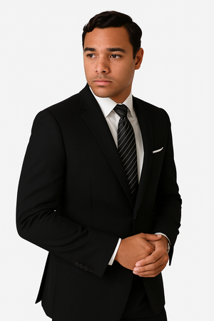 Mens 2 Button Slim Fit Wool Suit With Double Breasted Vest in Black