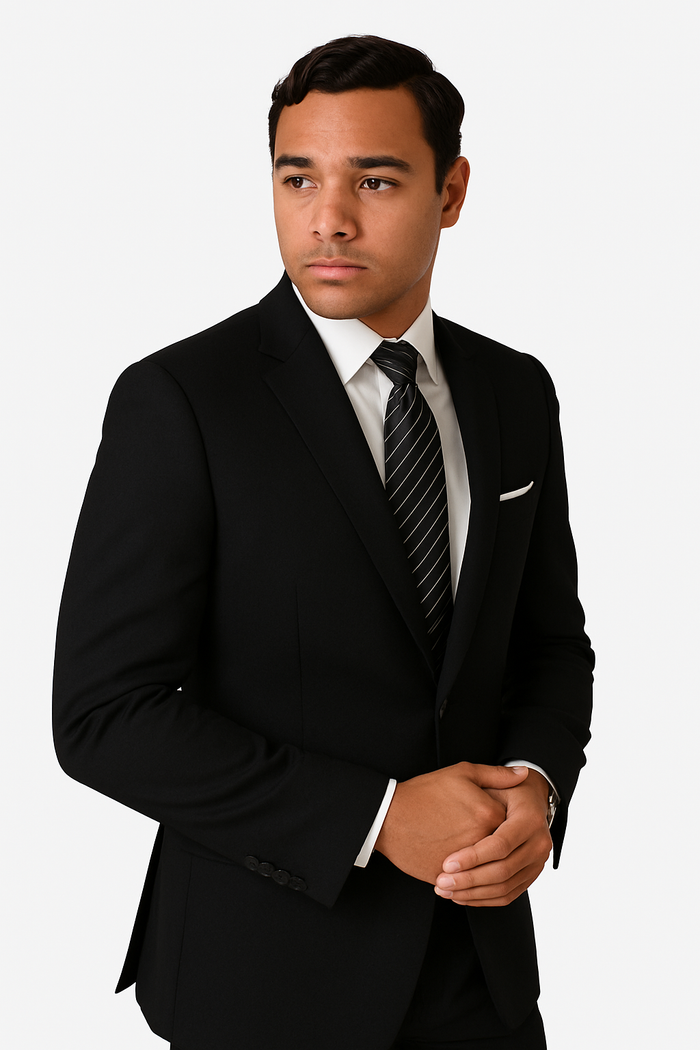 Mens 2 Button Slim Fit Wool Suit With Double Breasted Vest in Black