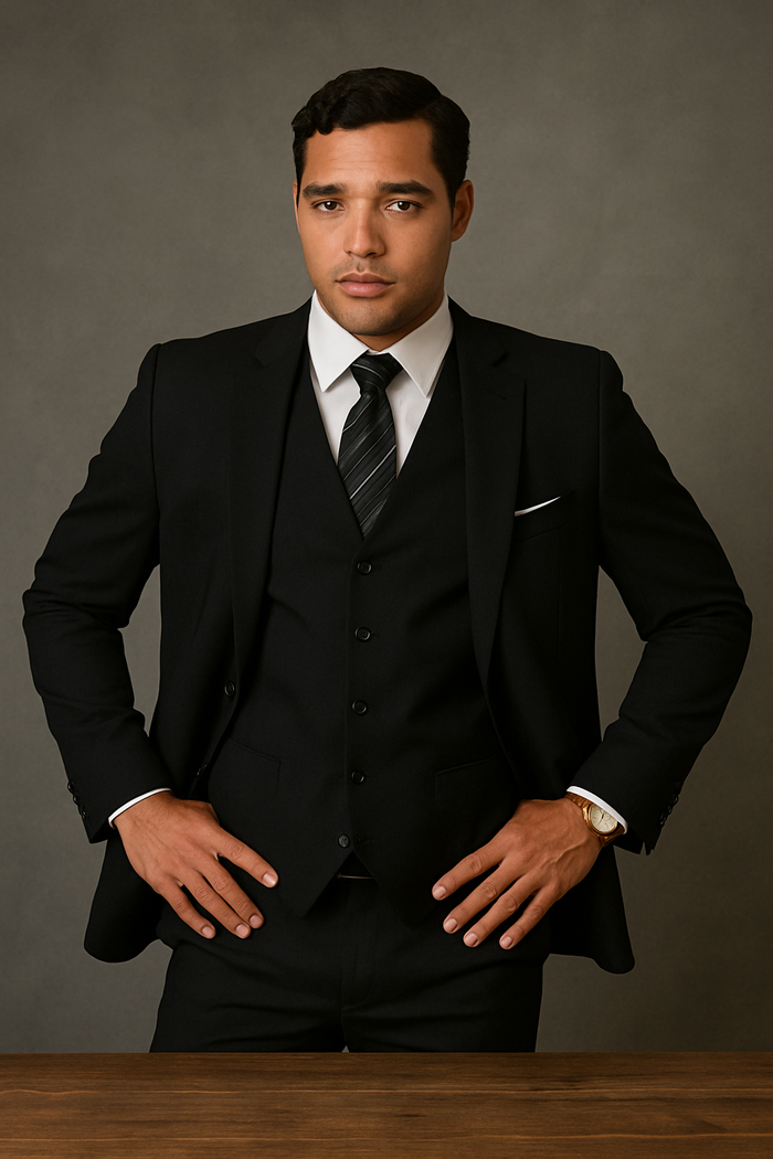 Mens 2 Button Slim Fit Wool Suit With Double Breasted Vest in Black