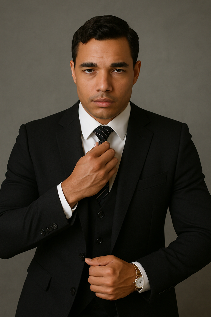 Mens 2 Button Slim Fit Wool Suit With Double Breasted Vest in Black