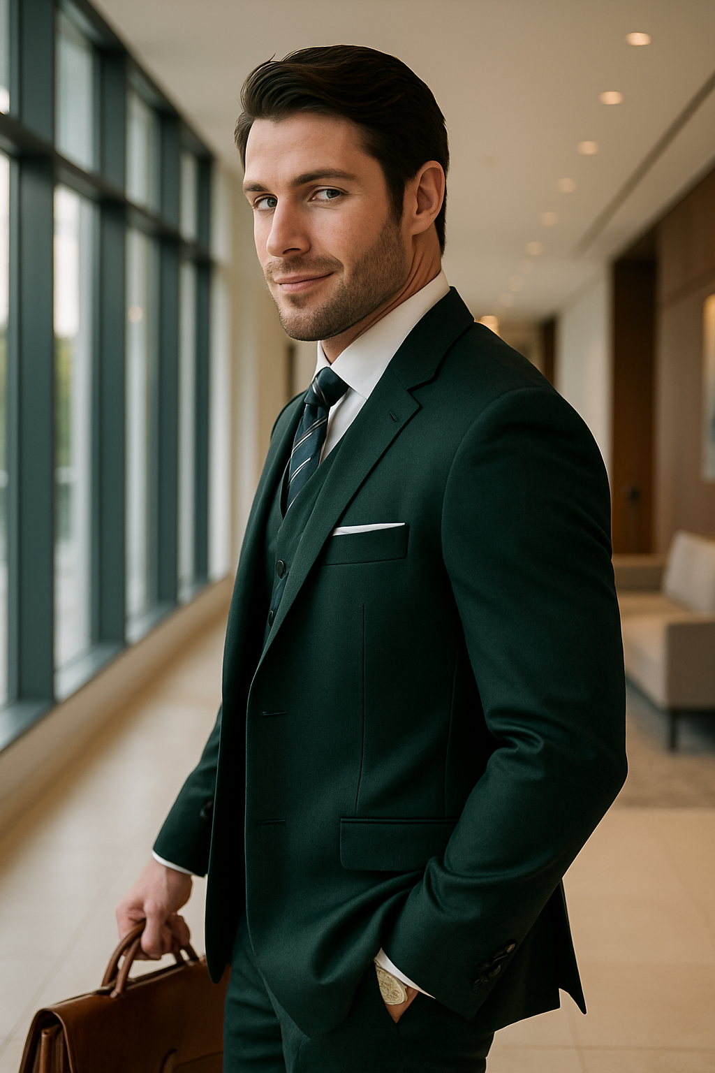 Mens 2 Button Slim Fit Wool Suit With Double Breasted Vest in Hunter Green