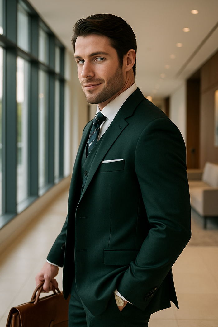 Mens 2 Button Slim Fit Wool Suit With Double Breasted Vest in Hunter Green