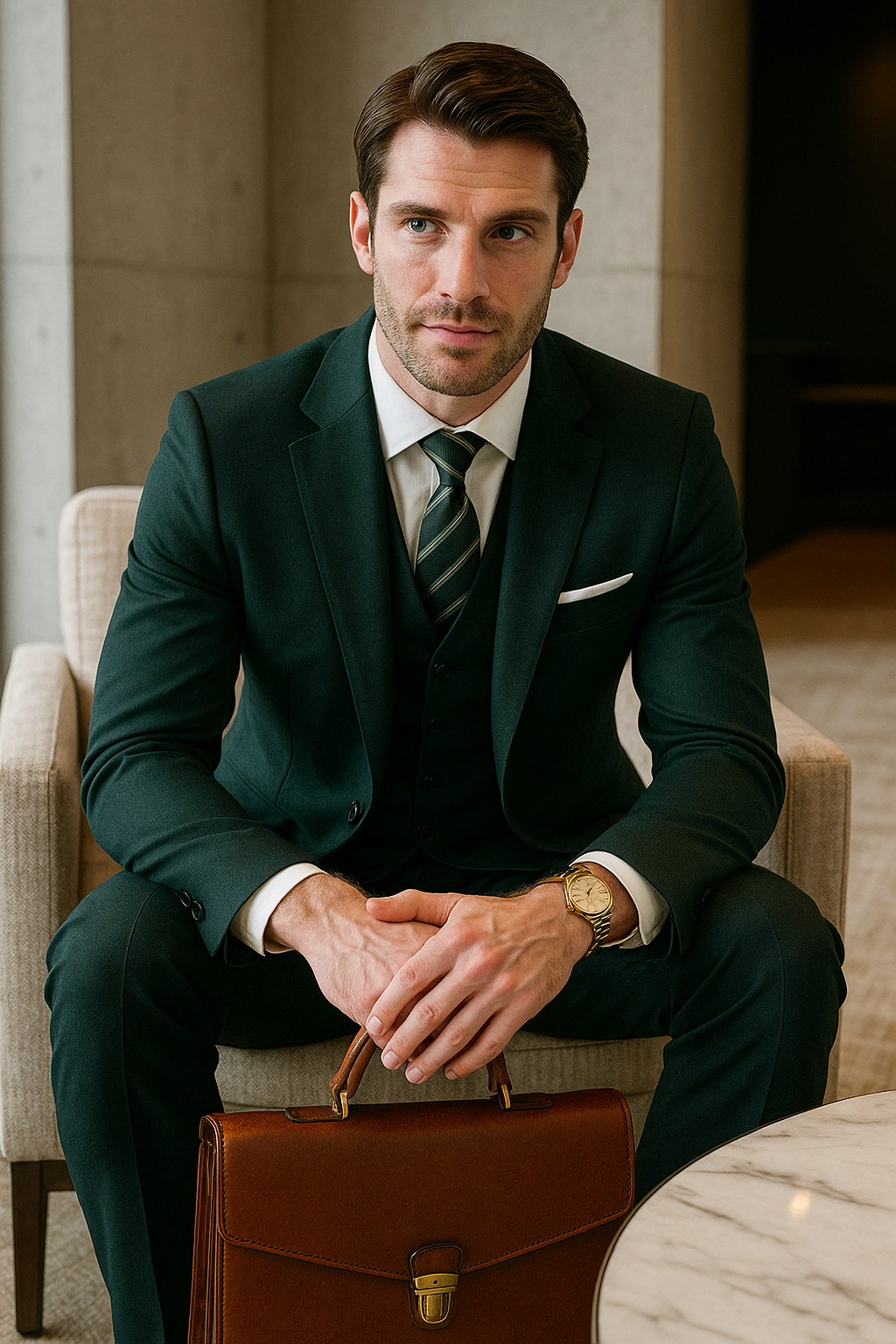 Mens 2 Button Slim Fit Wool Suit With Double Breasted Vest in Hunter Green