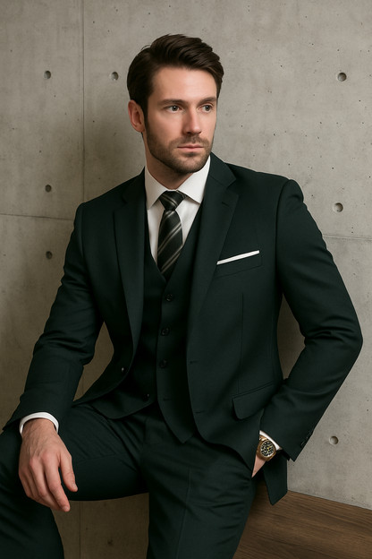 Mens 2 Button Slim Fit Wool Suit With Double Breasted Vest in Hunter Green