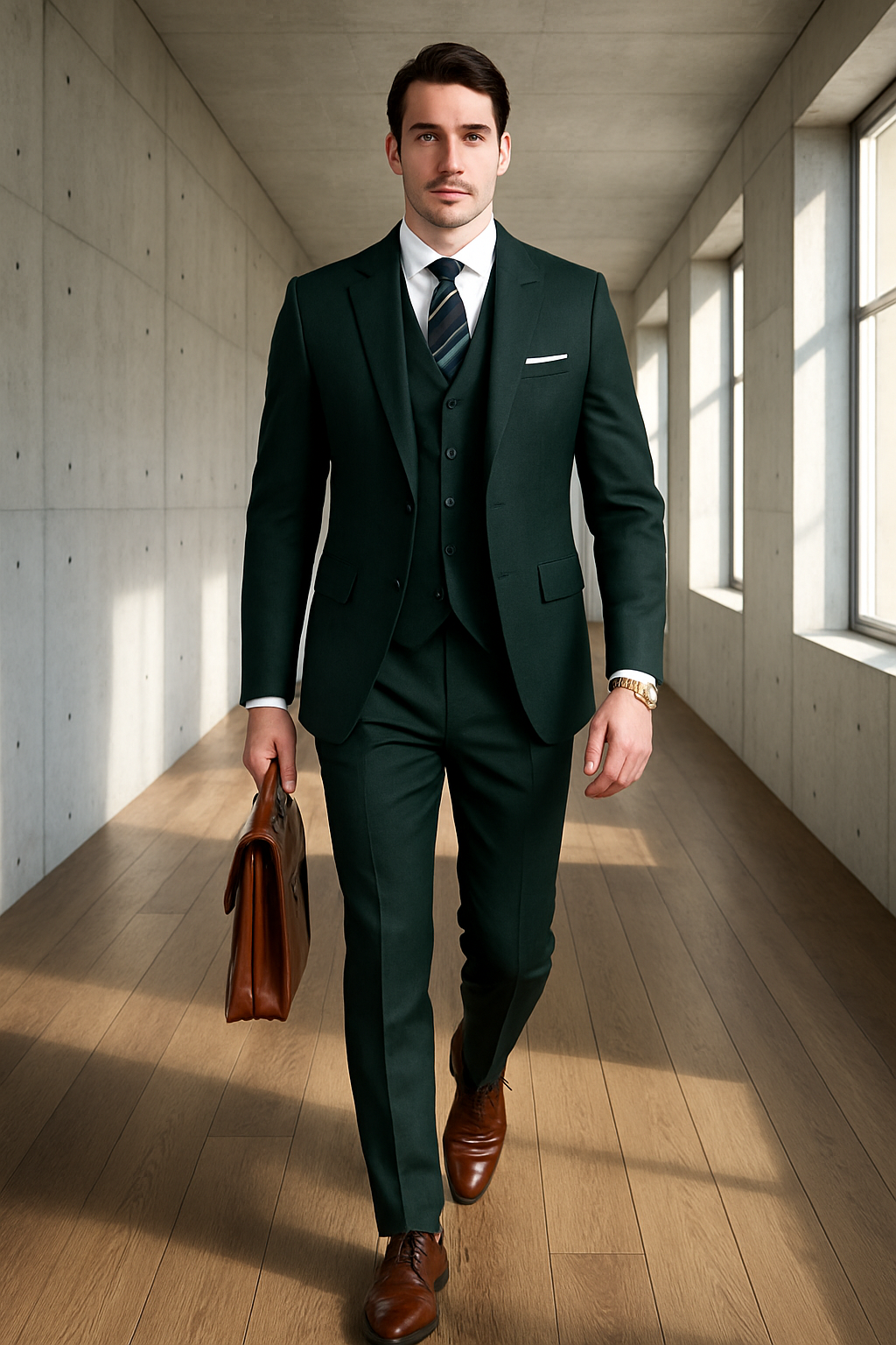 Mens 2 Button Slim Fit Wool Suit With Double Breasted Vest in Hunter Green