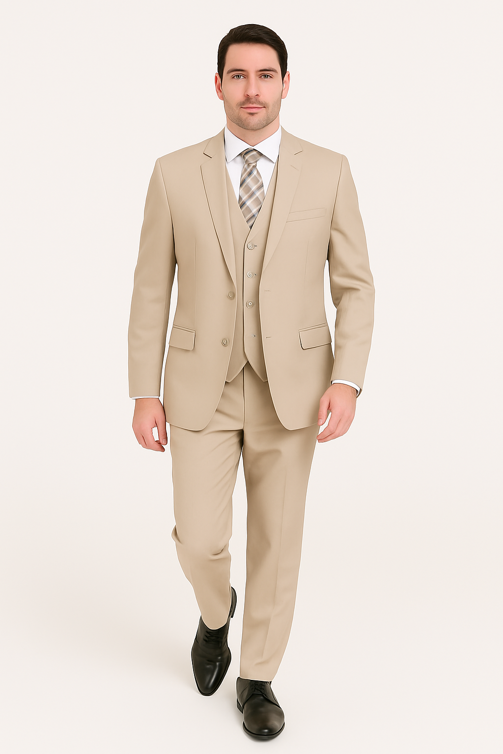 Mens 2 Button Slim Fit Wool Suit With Double Breasted Vest in Tan