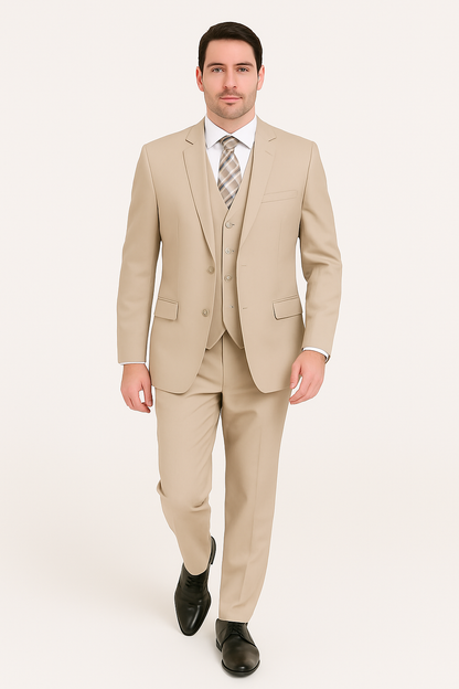 Mens 2 Button Slim Fit Wool Suit With Double Breasted Vest in Tan