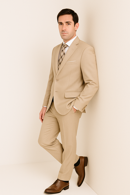 Mens 2 Button Slim Fit Wool Suit With Double Breasted Vest in Tan