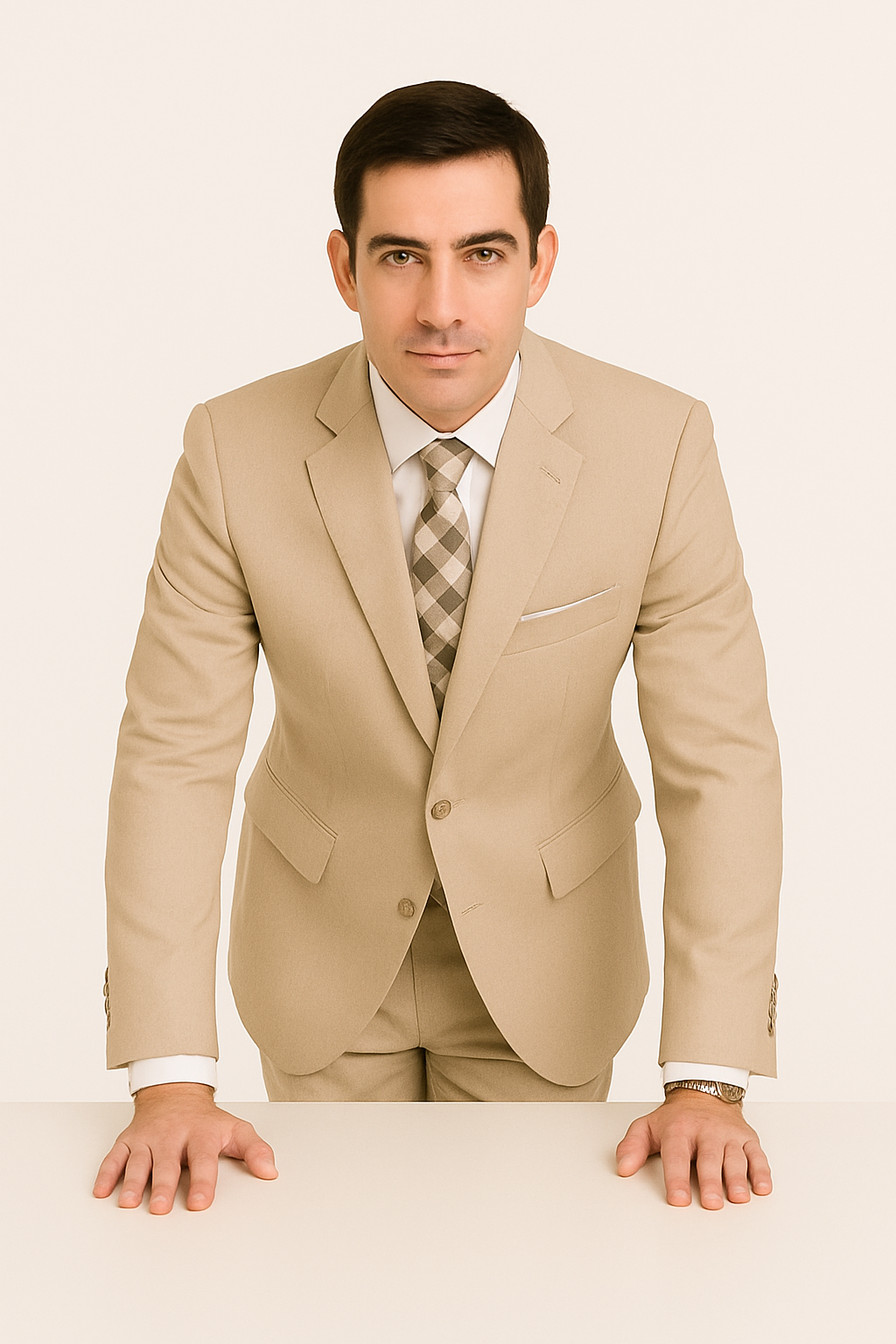 Mens 2 Button Slim Fit Wool Suit With Double Breasted Vest in Tan