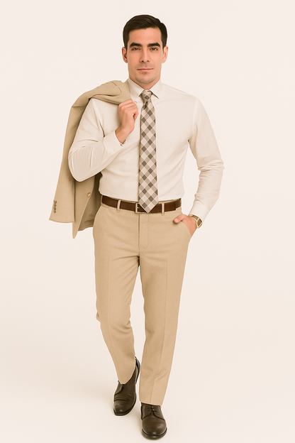 Mens 2 Button Slim Fit Wool Suit With Double Breasted Vest in Tan