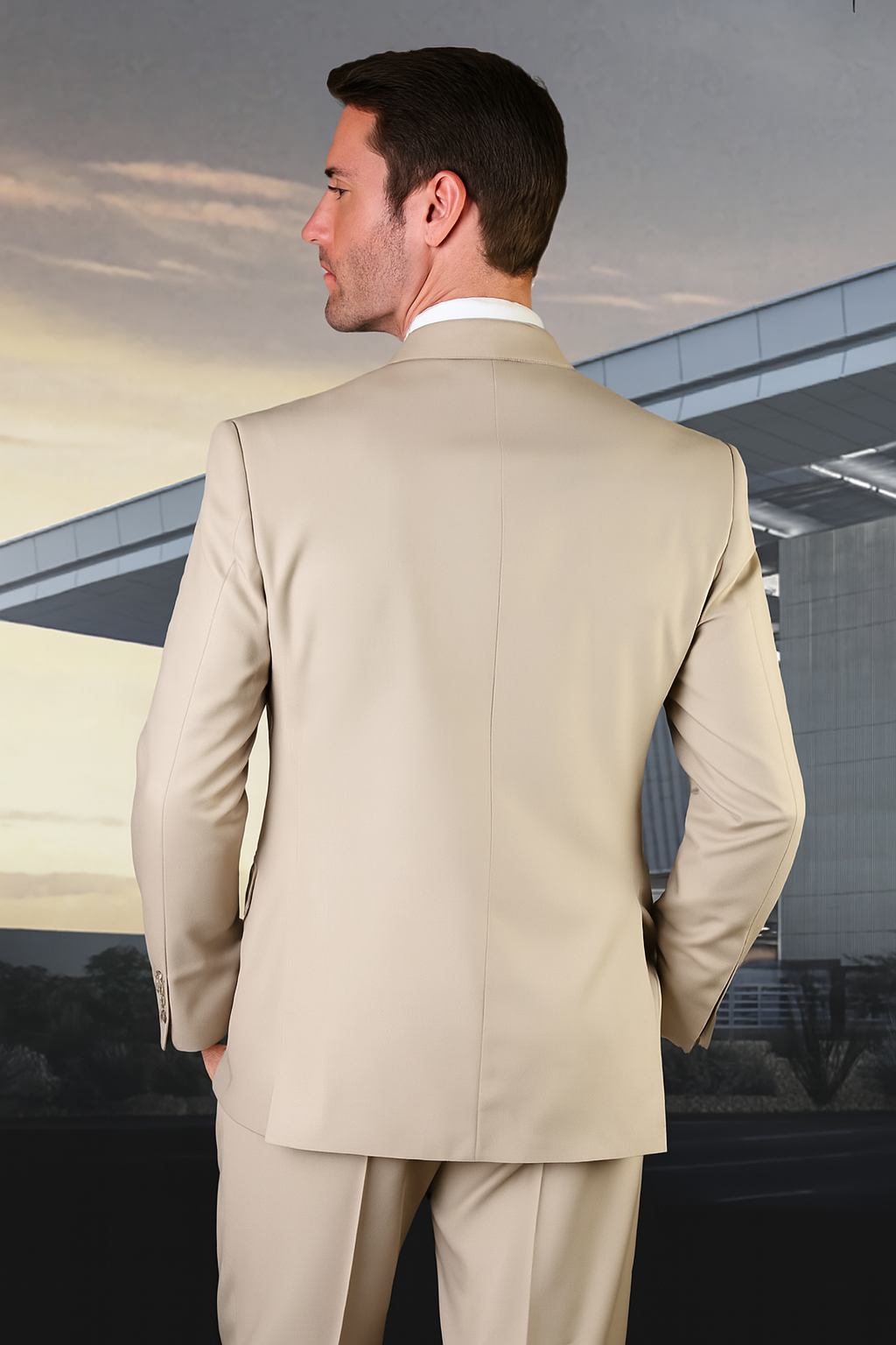 Mens 2 Button Slim Fit Wool Suit With Double Breasted Vest in Tan