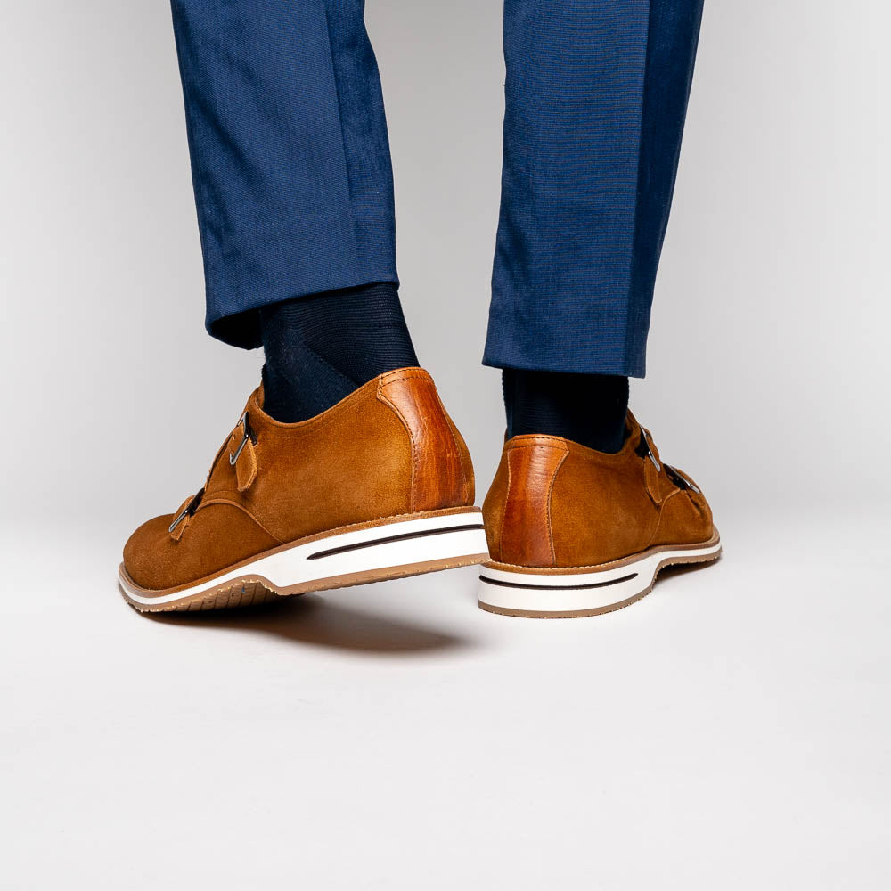 Zelli Legerra Contemporary Suede Monk Strap Dress Shoes in Cognac