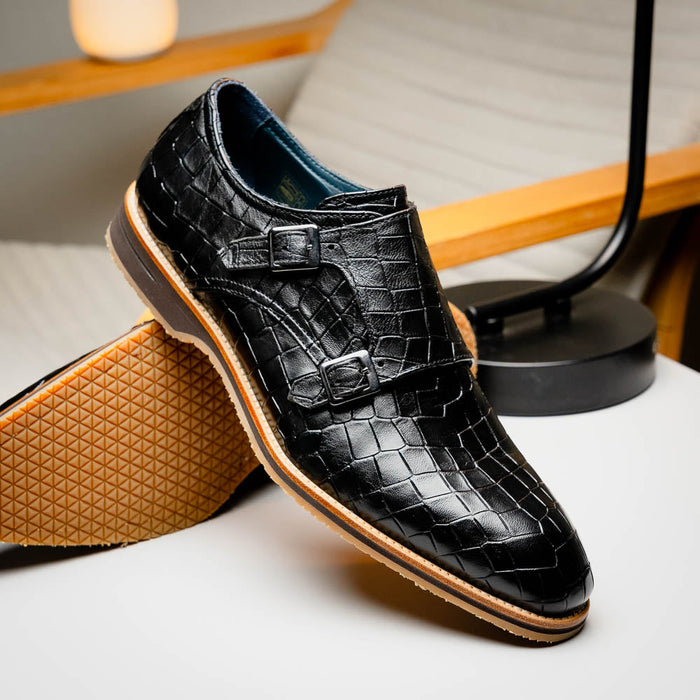 Zelli Legerra Hand Burnished Crocodile Print Monk Strap in Black