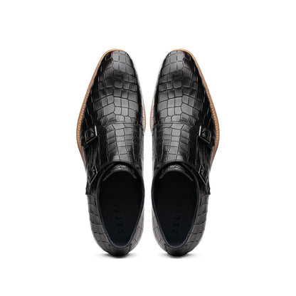 Zelli Legerra Hand Burnished Crocodile Print Monk Strap in Black