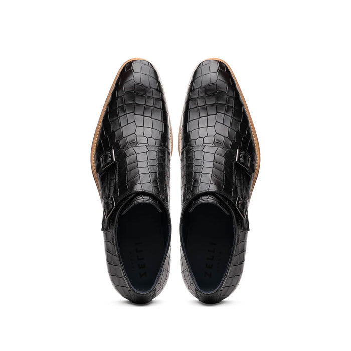 Zelli Legerra Hand Burnished Crocodile Print Monk Strap in Black