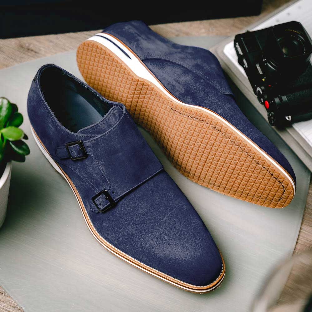 Zelli Legerra Suede Goatskin Double Monkstrap Shoes in Navy