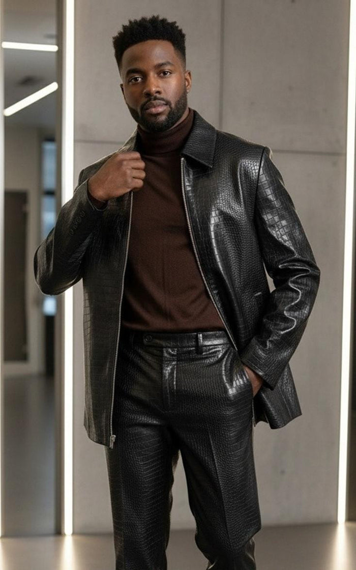 Leisure Suit Black Crocodile Print Vegan Leather BP6793