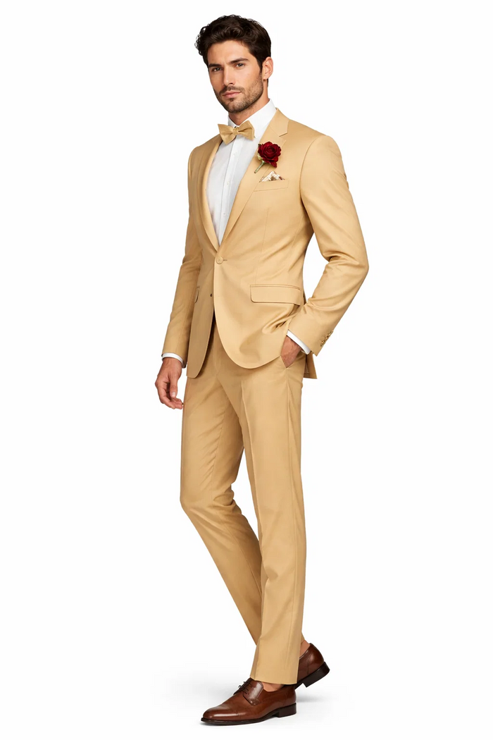 Light Gold Tuxedo Suit for Men  Elegant Two-Piece Wedding and Prom Suit with Satin Shawl Lapel - Mustard Color