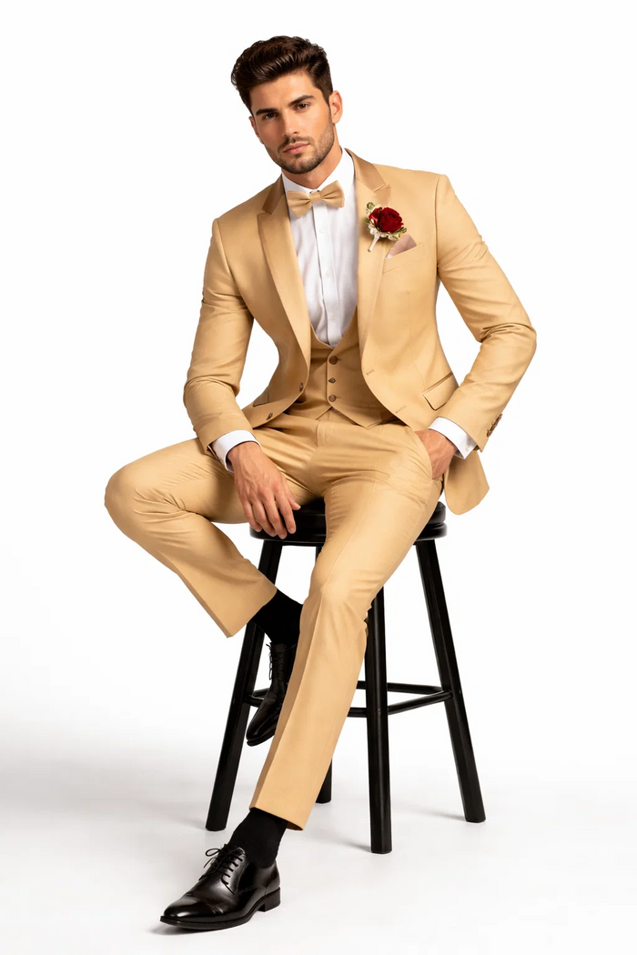 Light Gold Tuxedo Suit for Men  Elegant Two-Piece Wedding and Prom Suit with Satin Shawl Lapel - Mustard Color