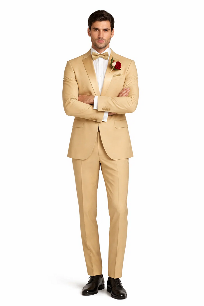 Light Gold Tuxedo Suit for Men  Elegant Two-Piece Wedding and Prom Suit with Satin Shawl Lapel - Mustard Color