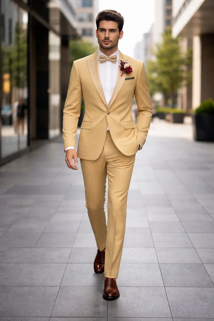 Light Gold Tuxedo Suit for Men  Elegant Two-Piece Wedding and Prom Suit with Satin Shawl Lapel - Mustard Color