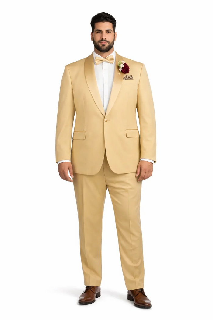 Light Gold Tuxedo Suit for Men  Elegant Two-Piece Wedding and Prom Suit with Satin Shawl Lapel - Mustard Color