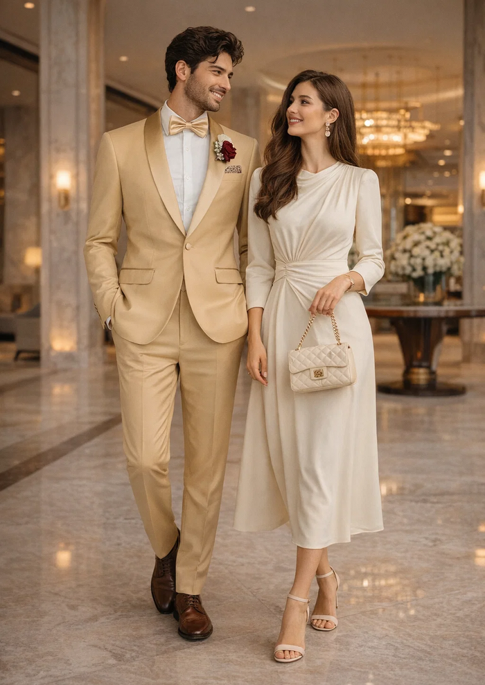 Light Gold Tuxedo Suit for Men  Elegant Two-Piece Wedding and Prom Suit with Satin Shawl Lapel - Mustard Color