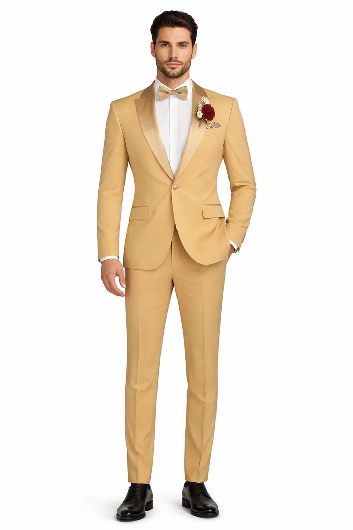 Light Gold Tuxedo Suit for Men  Elegant Two-Piece Wedding and Prom Suit with Satin Shawl Lapel - Mustard Color