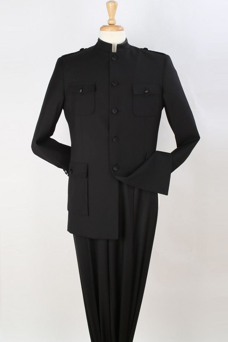 Apollo King Black Safari Suit Shoes - Mandarin Collar Military Style