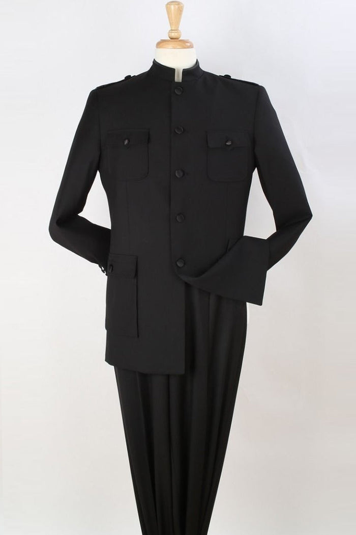 Apollo King Black Safari Suit Shoes - Mandarin Collar Military Style