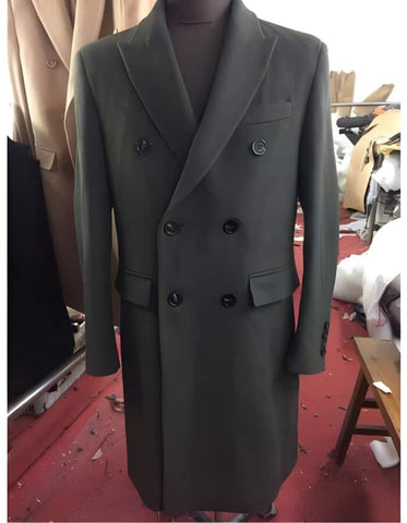 Mens Overcoat - Topcoat For Men - Winter Fabric -Men's Wool Double Breasted 6 Buttons Long Dark Olive Overcoat | Winter men's Topcoat Sale - Men's Tuxedo USA