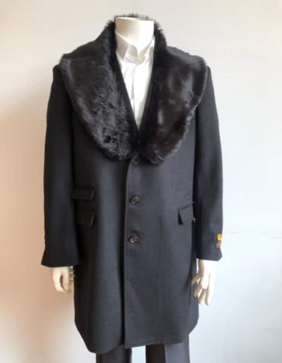 Long Jacket Ticket Pocket Designer Peacoat Sale ~ Wool men's Car Coat Mid Length Three quarter length coat ~ Overcoat With Fur Collar Black - Men's Tuxedo USA