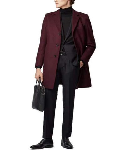 Long men's Dress Topcoat - Winter coat 100% Cashmere Fabric Standard Length Long Dress Formal Dark Red Coat - Men's Tuxedo USA