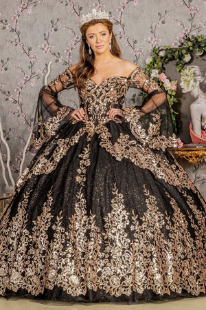 Long Sleeve Off Shoulder Ball Gown by Elizabeth K GL3184 - XS / Black/Gold - Quinceanera Dresses