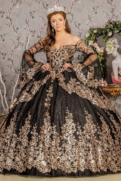 Long Sleeve Off Shoulder Ball Gown by Elizabeth K GL3184 - XS / Black/Gold - Quinceanera Dresses