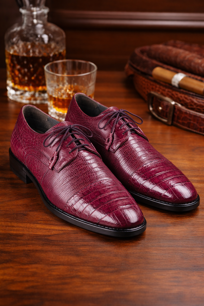 Los Altos Burgundy Caiman Belly & Teju Lizard Cap Toe Oxford Men's Lace Up Shoes