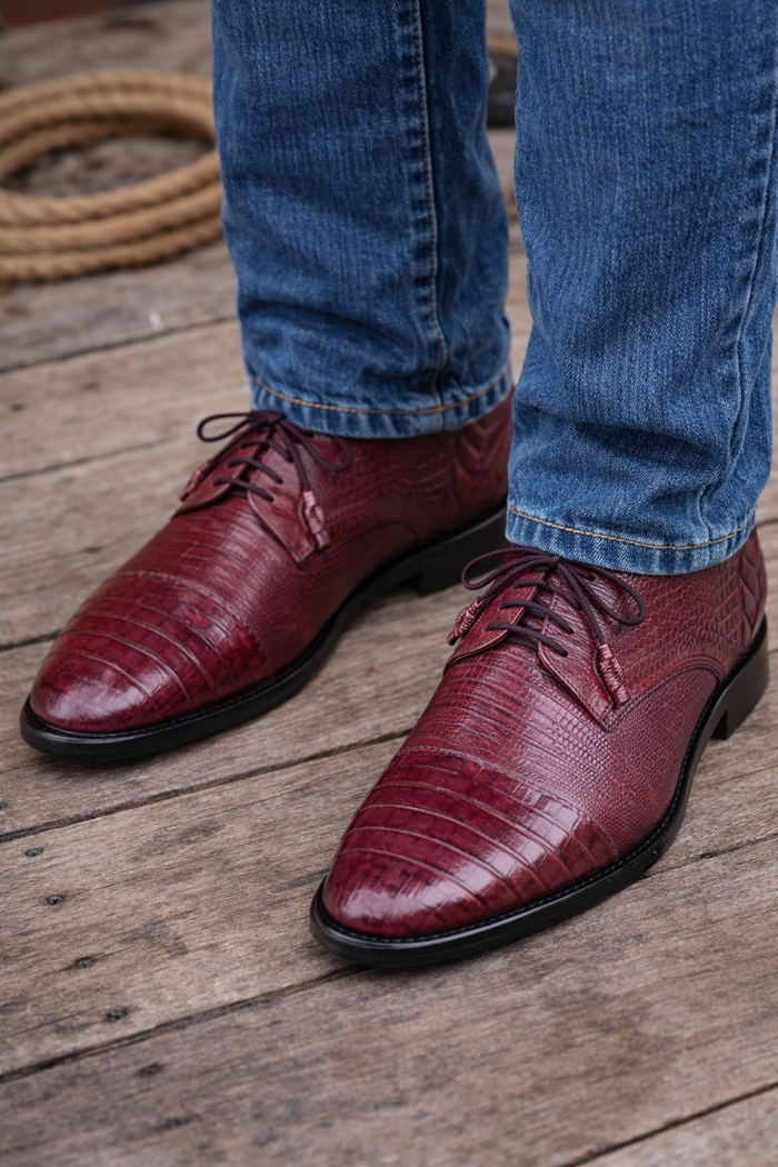 Los Altos Burgundy Caiman Belly & Teju Lizard Cap Toe Oxford Men's Lace Up Shoes
