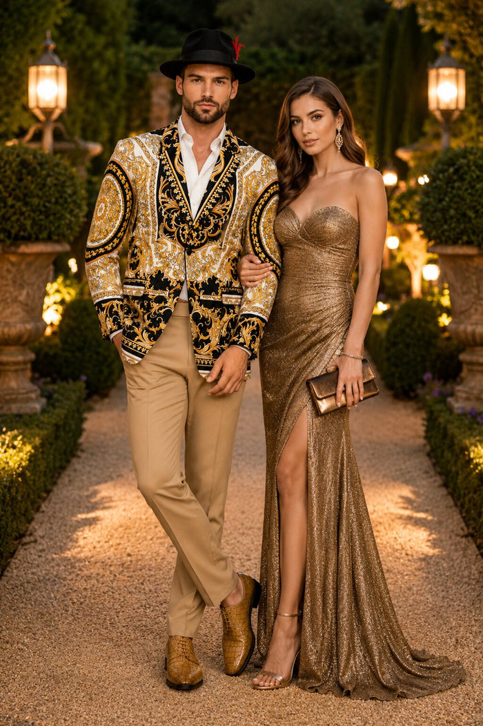 Men's Black and Gold Baroque Blazer with Matching Pants, Hat, and Shoes - Luxury Party and Wedding Outfit Set