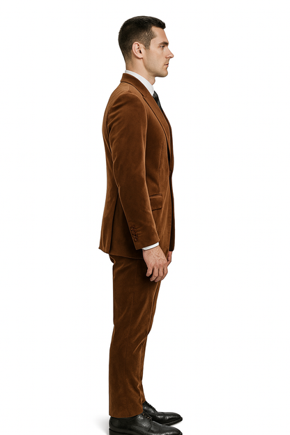Mens Brown Velvet 2-Piece Suit  Luxury Slim Fit Formal Blazer and Pants Set in Rust Copper Color