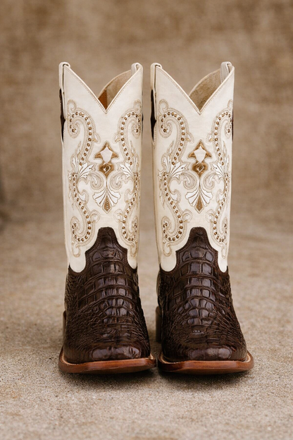 Ferrini Women's Rancher Square Toe Boots Crocodile Print - Chocolate/White 9049309