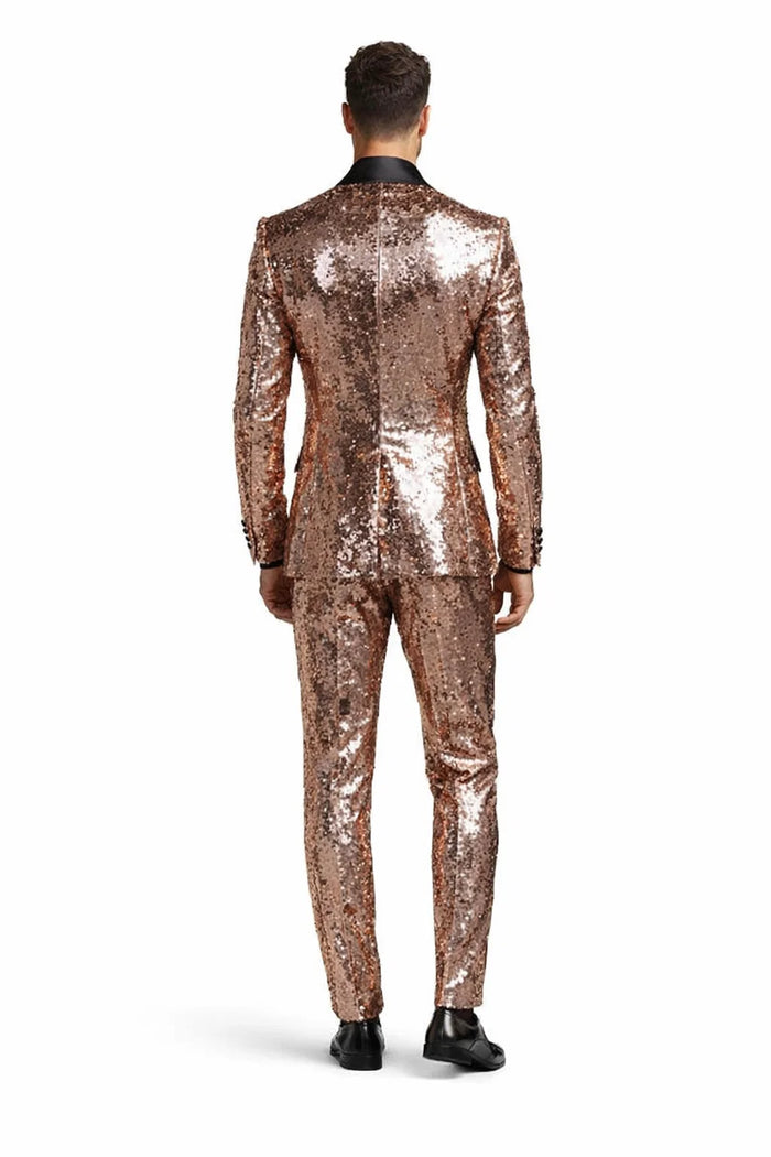 Luxury Rose Gold Sequin Tuxedo Suit for Men  Black Satin Lapel, Perfect for Events & Parties