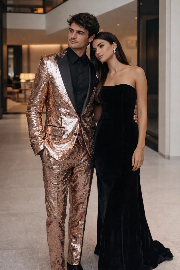 Luxury Rose Gold Sequin Tuxedo Suit for Men  Black Satin Lapel, Perfect for Events & Parties