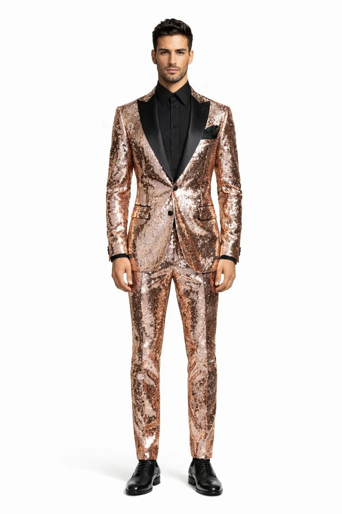 Luxury Rose Gold Sequin Tuxedo Suit for Men  Black Satin Lapel, Perfect for Events & Parties