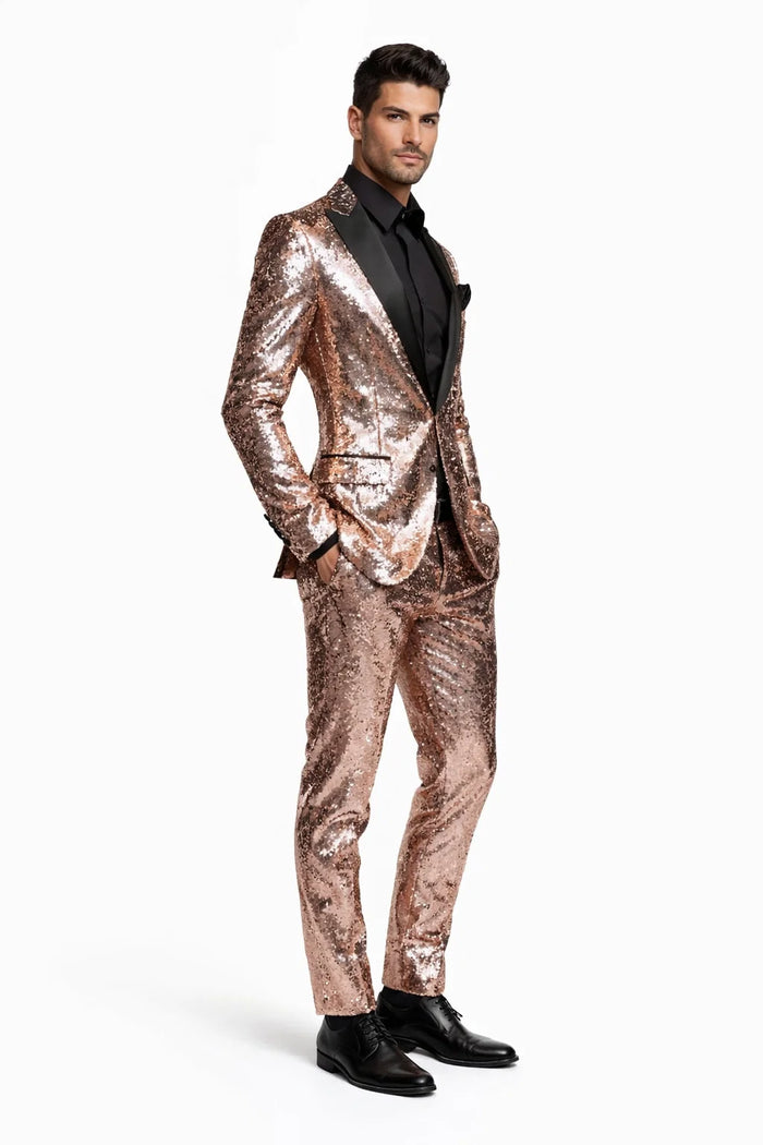 Luxury Rose Gold Sequin Tuxedo Suit for Men  Black Satin Lapel, Perfect for Events & Parties