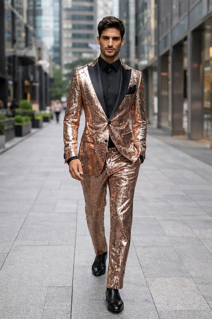 Luxury Rose Gold Sequin Tuxedo Suit for Men  Black Satin Lapel, Perfect for Events & Parties