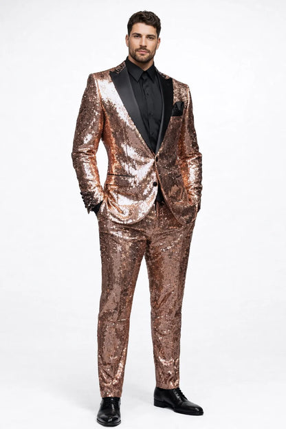 Luxury Rose Gold Sequin Tuxedo Suit for Men  Black Satin Lapel, Perfect for Events & Parties