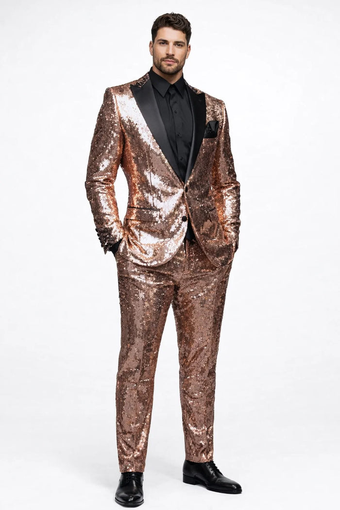 Luxury Rose Gold Sequin Tuxedo Suit for Men  Black Satin Lapel, Perfect for Events & Parties
